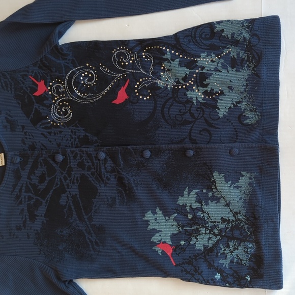 Vintage Artisans Cardinal Embellished Button Up Top SMALL Blue Red Pockets Birds - Picture 10 of 14